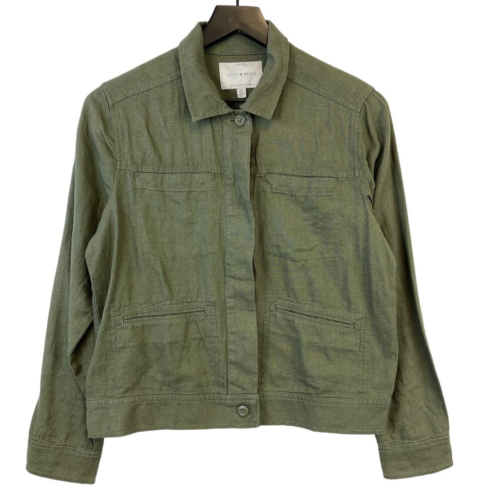 Lucky Brand Womens Size S Linen Rayon Shirt Utility Jacket Green Button Front